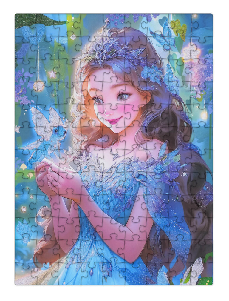Puzzle 100 el. „Niebieska Wróżka” – Brokatowa Układanka dla Dzieci (43x29 cm)